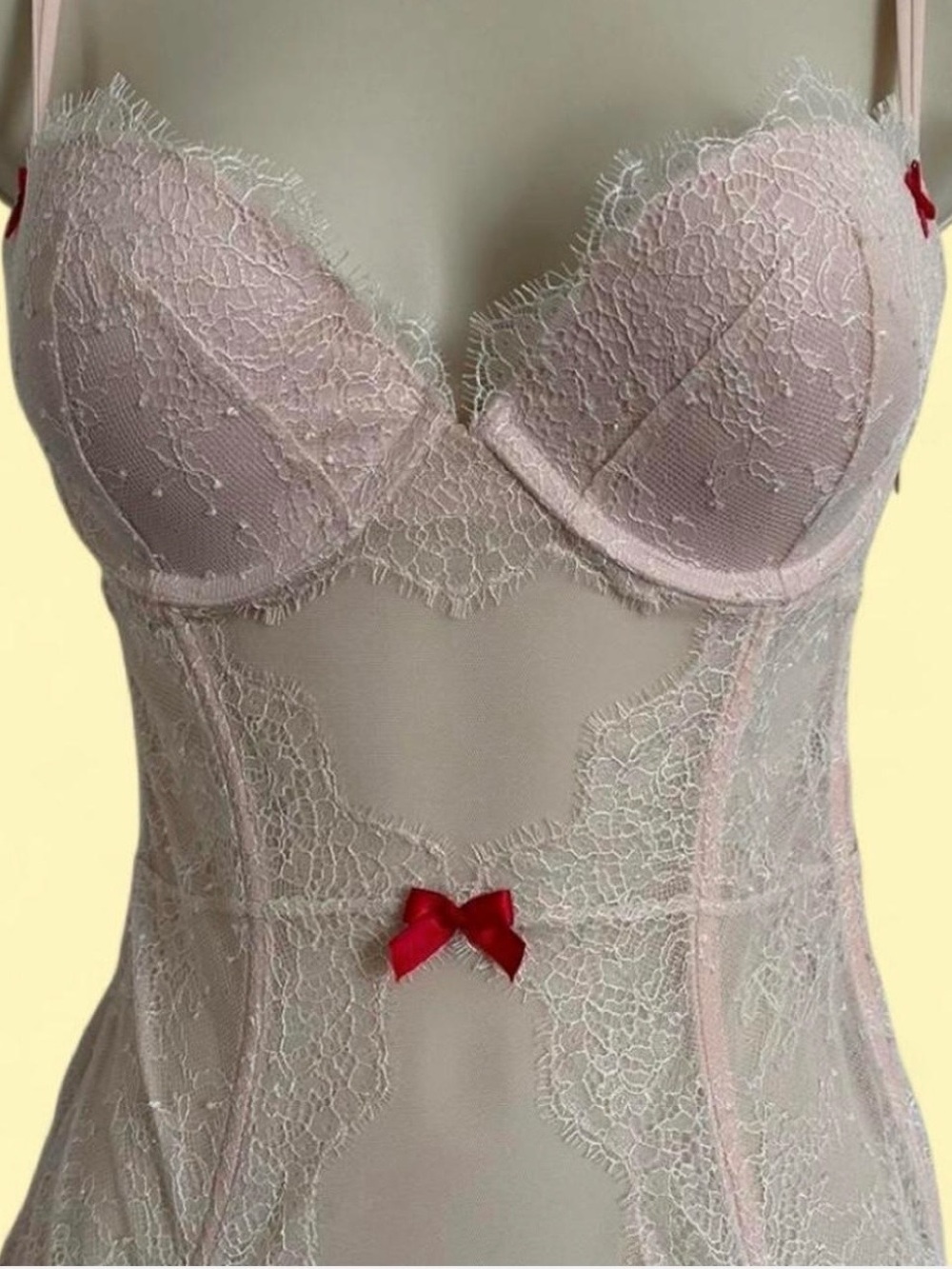 Victoria's Secret Light Pink Lace Corset Top with Red Bow Accents Garter Straps